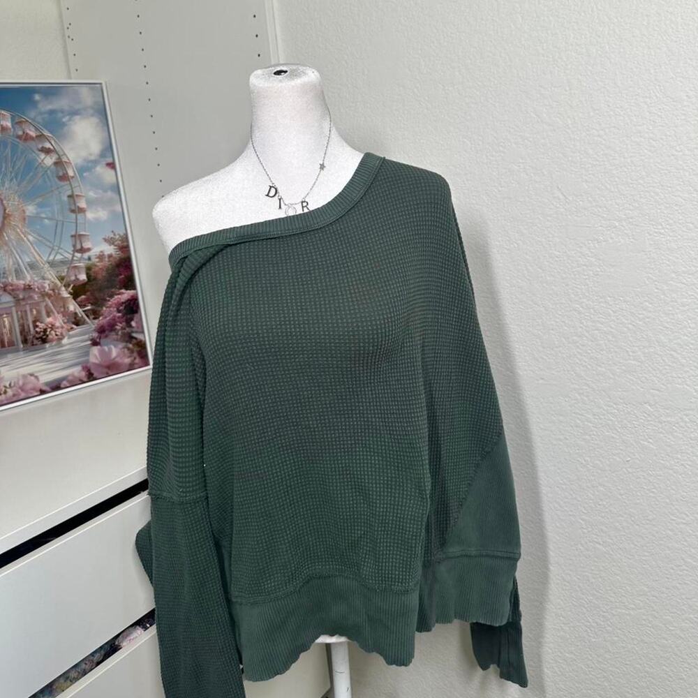 aerie Dark Green Off-Shoulder Waffle Knit Top - Picture 1 of 6